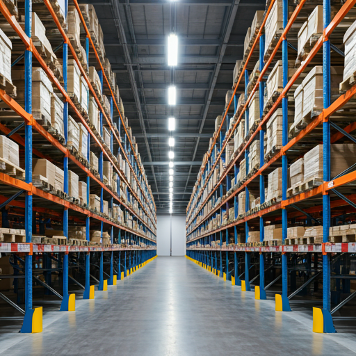 Modern automated warehouse with high shelves and soft lighting